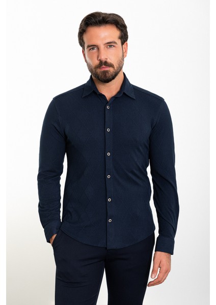 Desenli Lacivert Slim Fit Erkek Gömlek