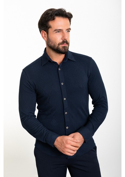 Desenli Lacivert Slim Fit Erkek Gömlek modelleri
