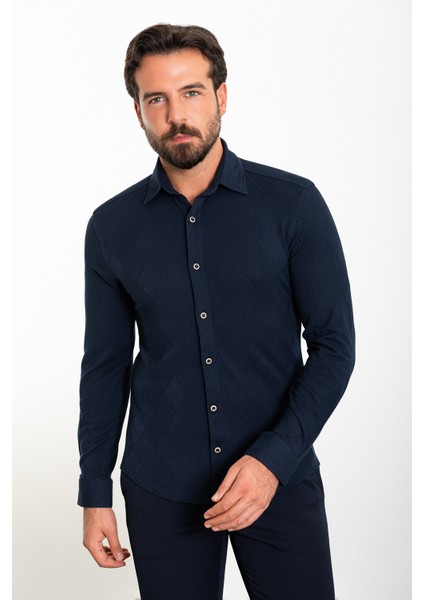 Desenli Lacivert Slim Fit Erkek Gömlek fırsatları