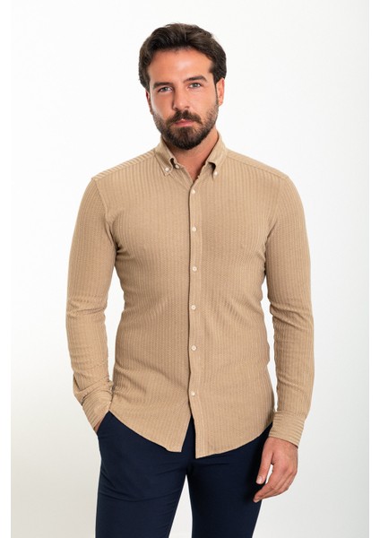 Çizgili Kamel Rengi Slim Fit Erkek Gömlek