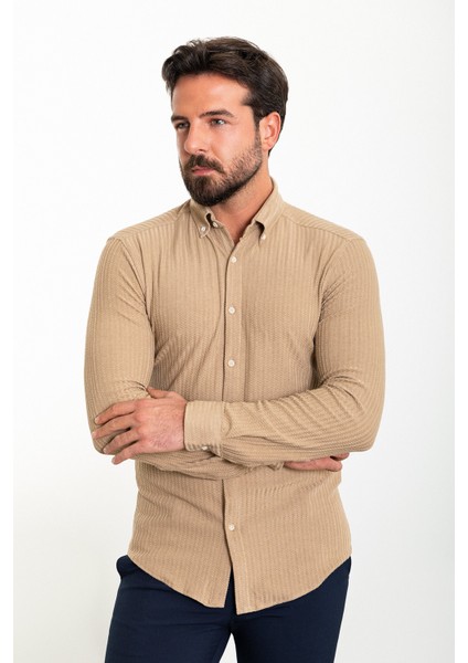 Çizgili Kamel Rengi Slim Fit Erkek Gömlek modelleri