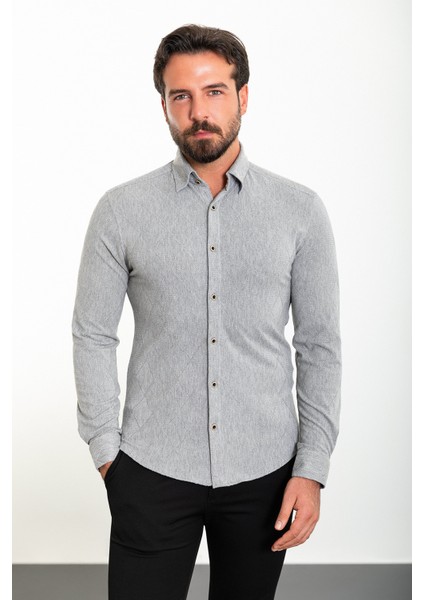 Desenli Gri Slim Fit Erkek Gömlek