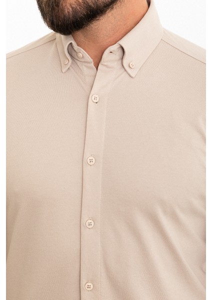 Düz Bej Slim Fit Erkek Gömlek