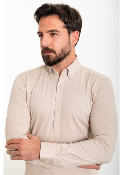 Düz Bej Slim Fit Erkek Gömlek