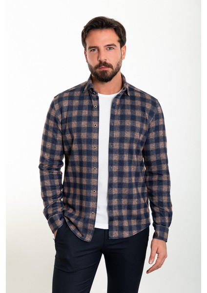 Ekoseli Lacivert-Kamel Slim Fit Oduncu Erkek Gömlek