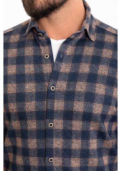 Ekoseli Lacivert-Kamel Slim Fit Oduncu Erkek Gömlek fiyatları