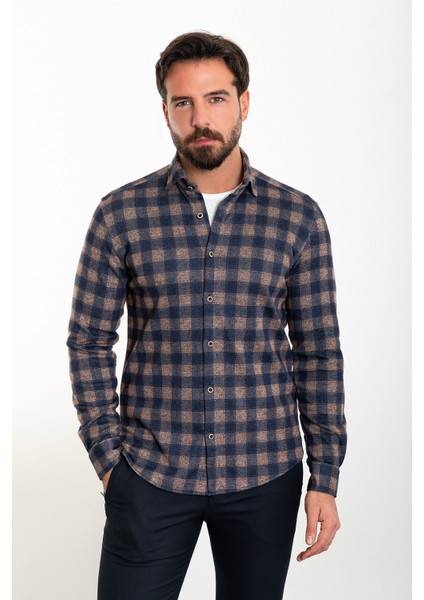 Ekoseli Lacivert-Kamel Slim Fit Oduncu Erkek Gömlek modelleri