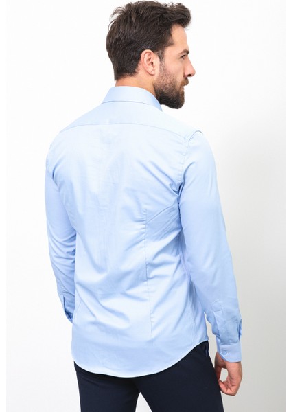 Düz Açık Mavi Rengi Slim Fit Saten Klasik Erkek Gömlek fırsatları