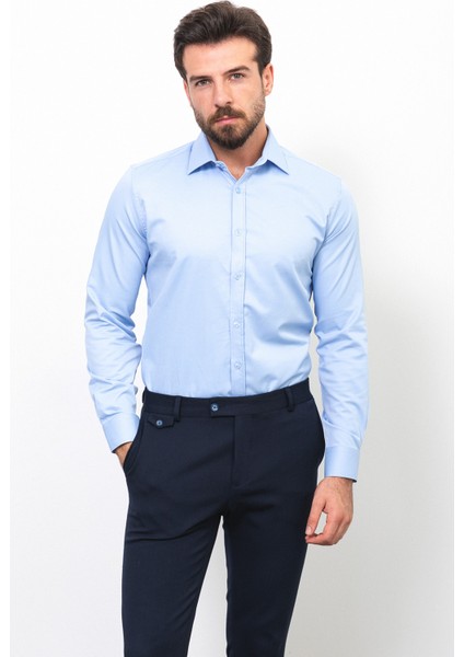 Düz Açık Mavi Rengi Slim Fit Saten Klasik Erkek Gömlek indirimleri
