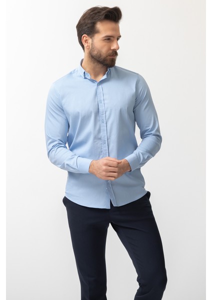Desenli Mavi Renk Slim Fit Klasik Erkek Gömlek modelleri