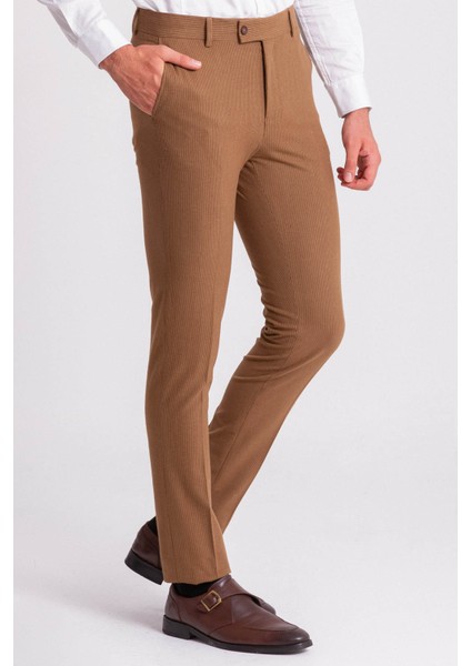 Çizgili Kamel Rengi Super Slim Fit Erkek Pantolon