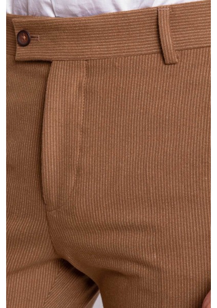 Çizgili Kamel Rengi Super Slim Fit Erkek Pantolon