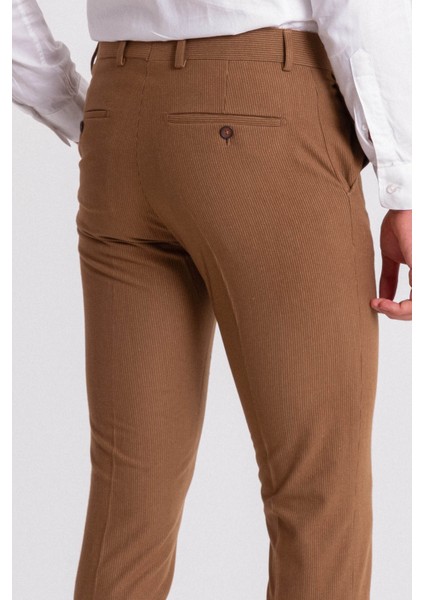 Çizgili Kamel Rengi Super Slim Fit Erkek Pantolon