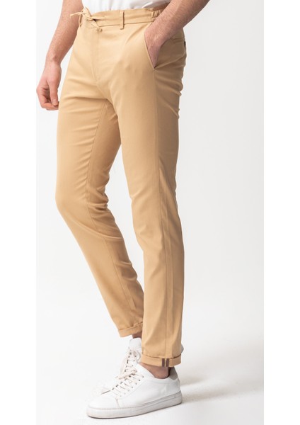 Düz Bej Rengi Super Slim Fit Beli Lastikli İpli Erkek Pantolon
