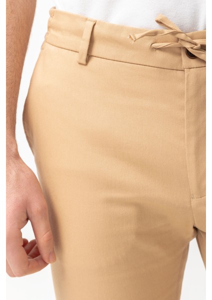 Düz Bej Rengi Super Slim Fit Beli Lastikli İpli Erkek Pantolon fiyatları