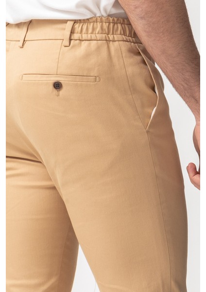 Düz Bej Rengi Super Slim Fit Beli Lastikli İpli Erkek Pantolon modelleri