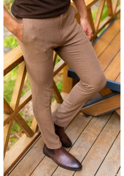 Kareli Kamel Rengi Super Slim Fit Erkek Pantolon