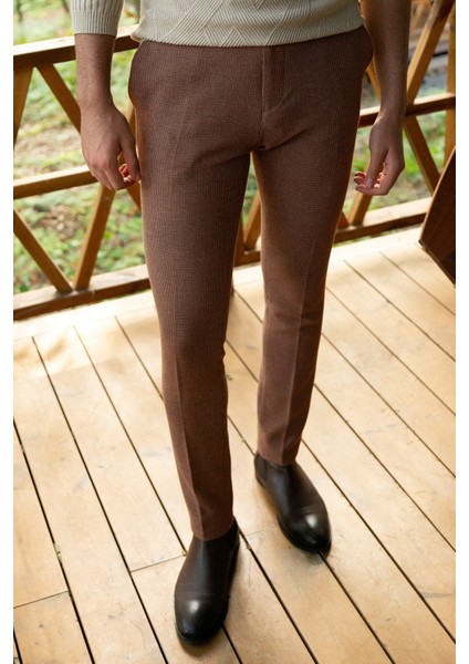 Kareli Kamel Rengi Super Slim Fit Erkek Pantolon