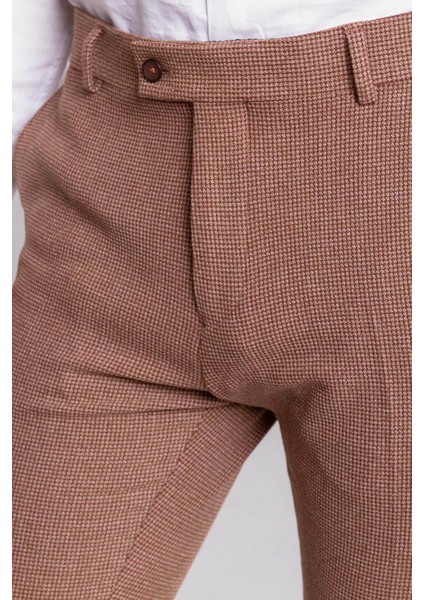 Kareli Kamel Rengi Super Slim Fit Erkek Pantolon