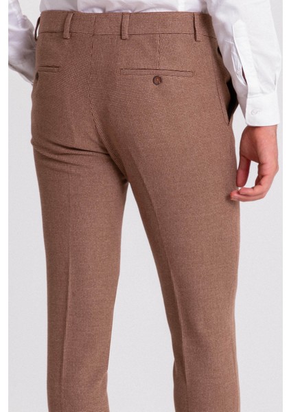 Kareli Kamel Rengi Super Slim Fit Erkek Pantolon