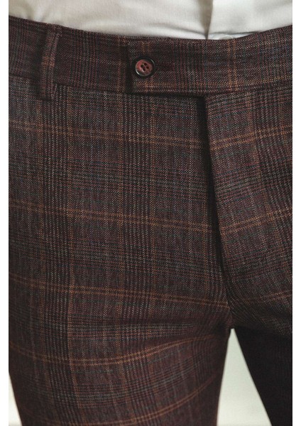 Ekoseli Bordo Rengi Slim Fit Klasik Yün Erkek Pantolon