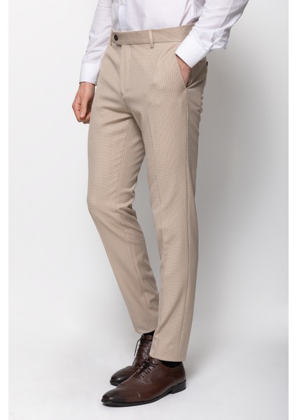 Kareli Bej Rengi Super Slim Fit Erkek Pantolon