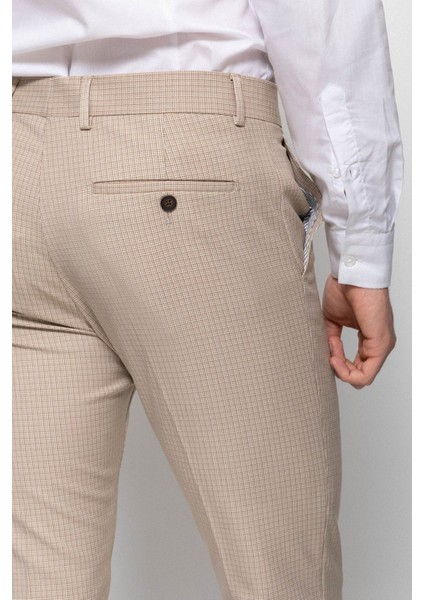 Kareli Bej Rengi Super Slim Fit Erkek Pantolon