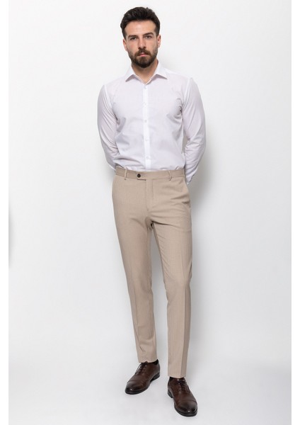 Kareli Bej Rengi Super Slim Fit Erkek Pantolon