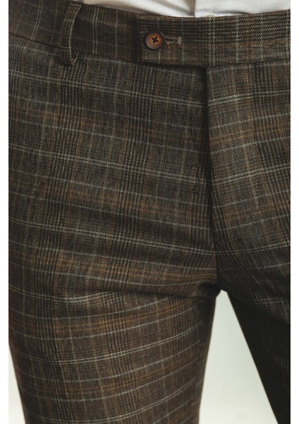 Ekoseli Kahverengi Slim Fit Klasik Yün Erkek Pantolon fiyatları