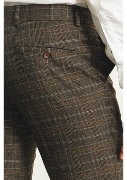 Ekoseli Kahverengi Slim Fit Klasik Yün Erkek Pantolon modelleri