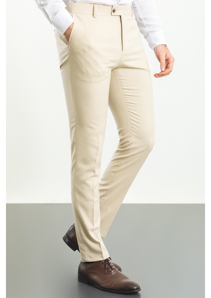 Desenli Taş Rengi Super Slim Fit Erkek Pantolon