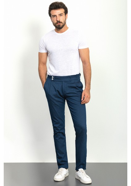 Pileli İndigo Rengi Slim Fit Erkek Pantolon