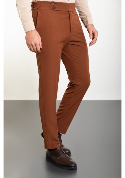 Düz Kahverengi Super Slim Fit Kemerli Erkek Pantolon