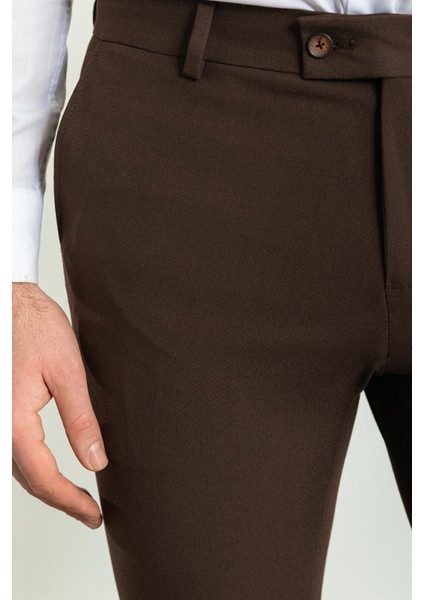 Düz Kahverengi Slim Fit Klasik Erkek Pantolon