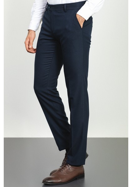 Desenli Lacivert Renk Slim Fit Klasik Yün Erkek Pantolon