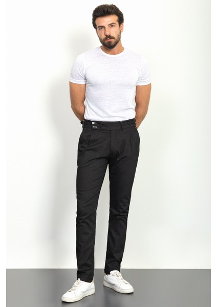 Pileli Siyah Renk Slim Fit Erkek Pantolon