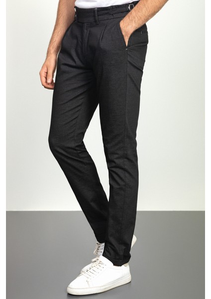 Pileli Siyah Renk Slim Fit Erkek Pantolon