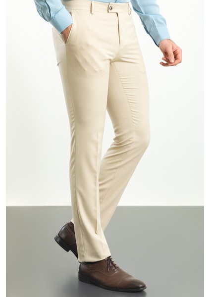 Desenli Taş Rengi Slim Fit Klasik Erkek Pantolon