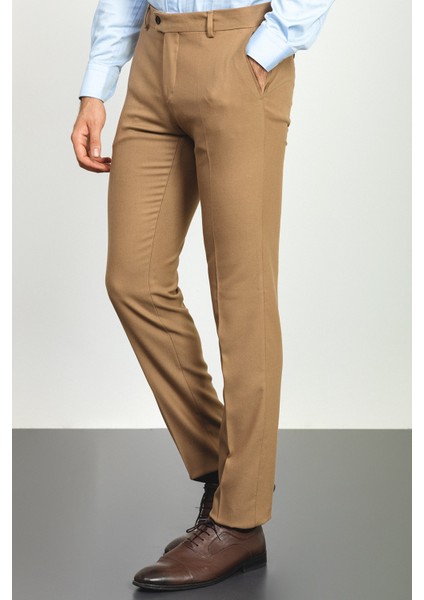 Desenli Bej Rengi Slim Fit Klasik Yün Erkek Pantolon