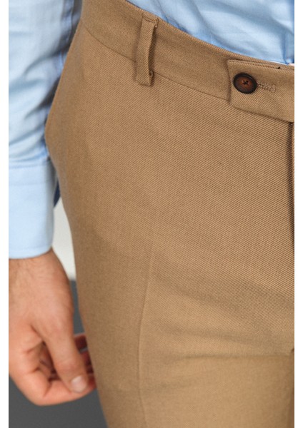 Desenli Bej Rengi Slim Fit Klasik Yün Erkek Pantolon