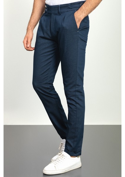 Pileli Lacivert Renk Slim Fit Erkek Pantolon