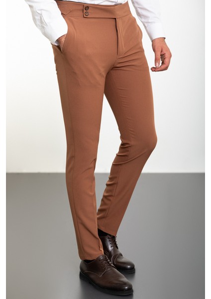 Düz Kamel Super Slim Fit Kemerli Erkek Pantolon