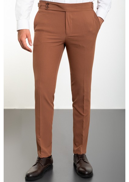 Düz Kamel Super Slim Fit Kemerli Erkek Pantolon modelleri
