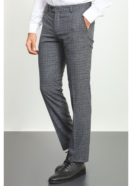 Ekoseli Siyah Renk Slim Fit Klasik Yün Erkek Pantolon