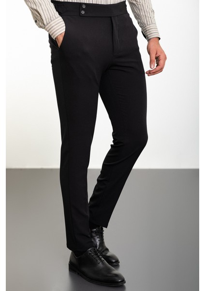 Düz Siyah Super Slim Fit Kemerli Erkek Pantolon