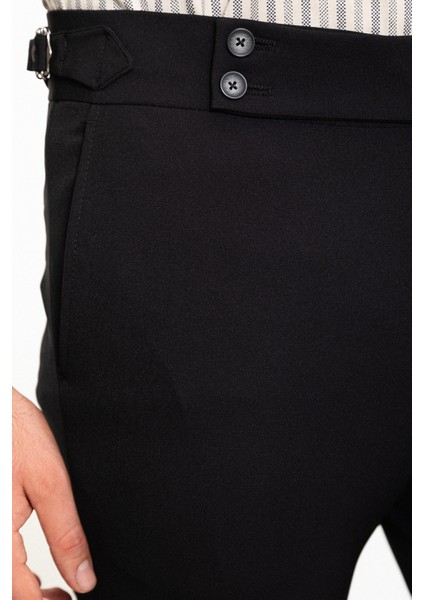 Düz Siyah Super Slim Fit Kemerli Erkek Pantolon
