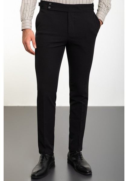 Düz Siyah Super Slim Fit Kemerli Erkek Pantolon