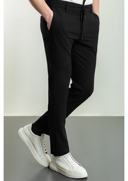 Düz Siyah Renk Super Slim Fit İpli Erkek Pantolon
