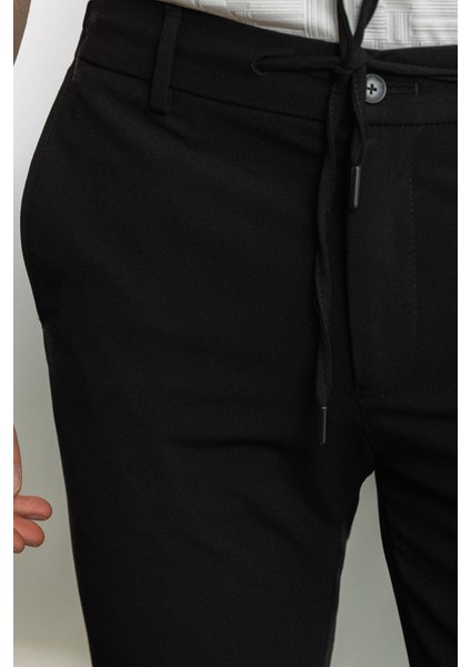 Düz Siyah Renk Super Slim Fit İpli Erkek Pantolon