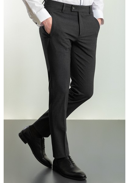 Düz Antrasit Rengi Super Slim Fit Cebi Fermuarlı Erkek Pantolon